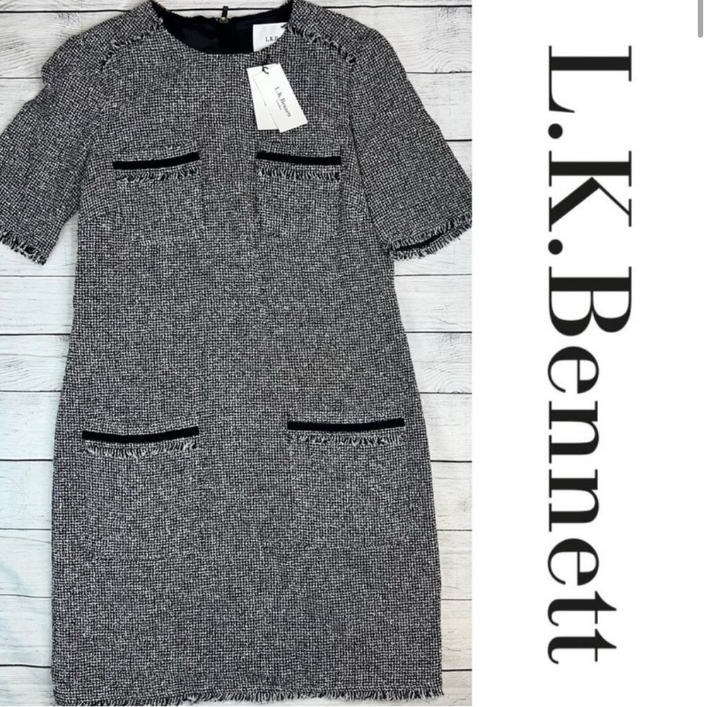 L.K. Bennett DR Darya Black Cream Tweed Fringe Sheath Dress US 6 NEW WITH TAGS